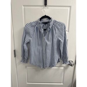 Veronica Beard Jeans Blue White Striped Seersucker Ruffle Collar Blouse XS